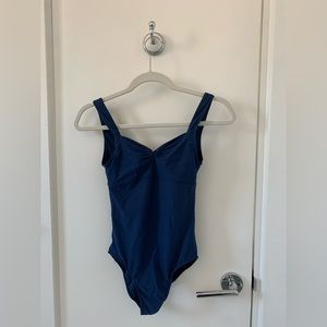 SOLD. Sweetheart neckline, blue leotard. Size S. Lined. High leg cut.